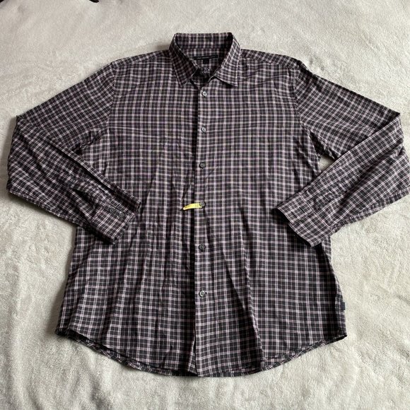 John Varvatos‎ Shirt Mens Large Button Up Black/Red/White Plaid Star USA - Picture 1 of 7